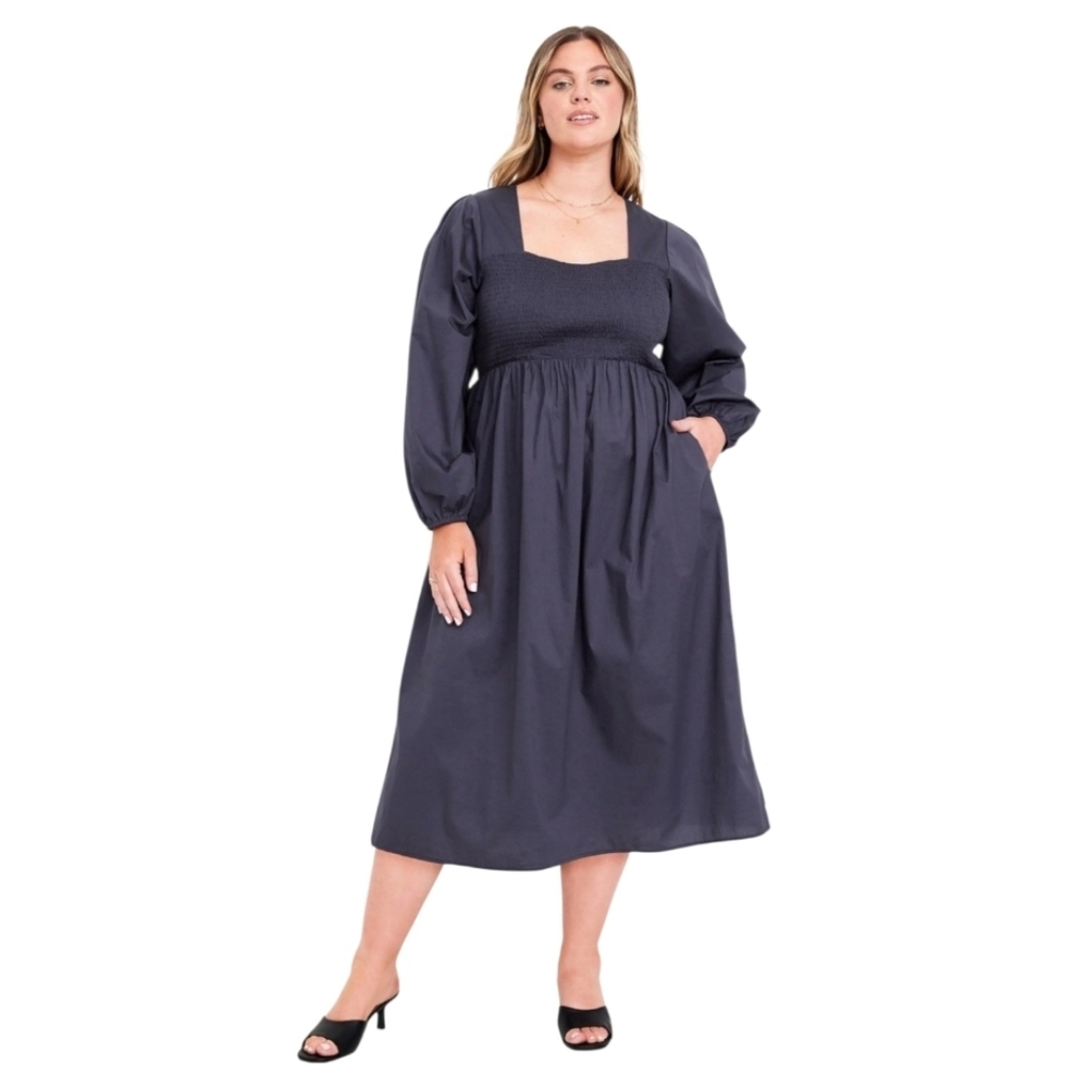 NWT Old Navy Fit & Flare Long Sleeve Smocked Midi Dress Blue Cotton XXL Petite